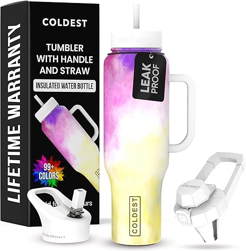 Miniatura 4 de Coldest - Vaso con asa y tapa con pajilla, 3 tapas aisladas, reutilizable, de acero inoxidable, taza de viaje, regalos para mujeres, él y ella,