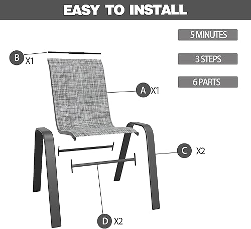 Miniatura 2 de Juego de 6 sillas de patio, sillas de comedor apilables al aire libre para todo tipo de clima, tela de textileno y marco de metal, juego de sillas