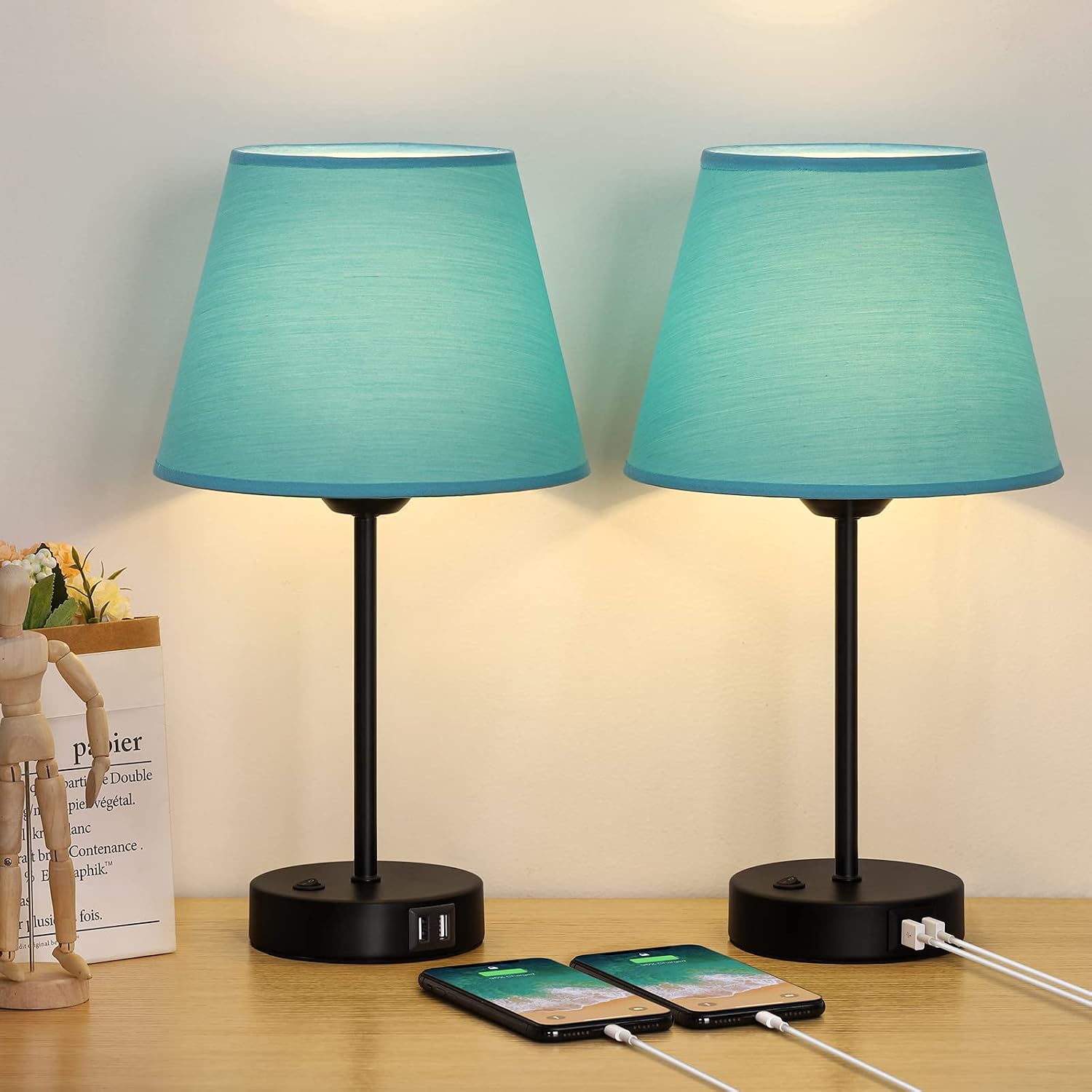 JS NOVA JUNS Set of 2 Table Lamps with USB Ports, Bedside Nightstand Lamps with Blue Fabric Shade for Bedroom Living Room Study Room Office Dorm