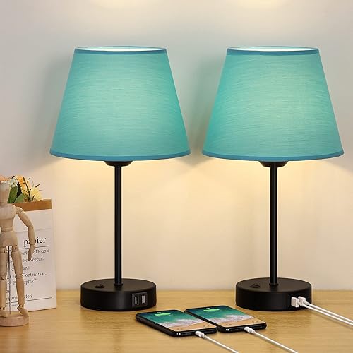 JS NOVA JUNS Juego de 2 lámparas de mesa con puertos USB, lámparas de mesita de noche con pantalla de tela azul para dormitorio, sala de estar, sala