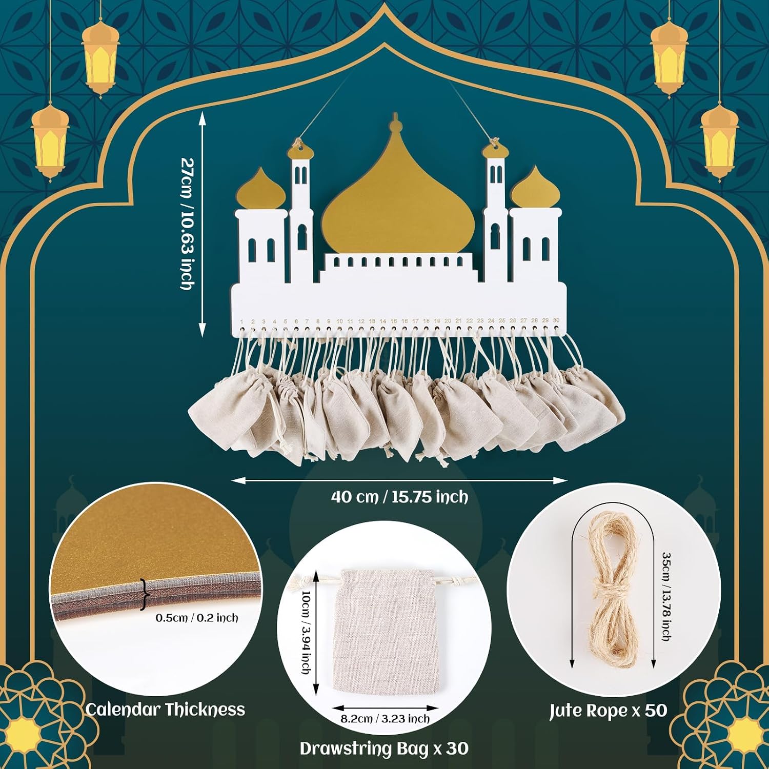 Wooden Ramadan Countdown Calendar with 30 Cloth Bags, Ramadan Mubarak Eid Calendar Hanging Decoration, Muslim Kareem Wall Ornament for Door Window Displays and Kids Gifts image 2