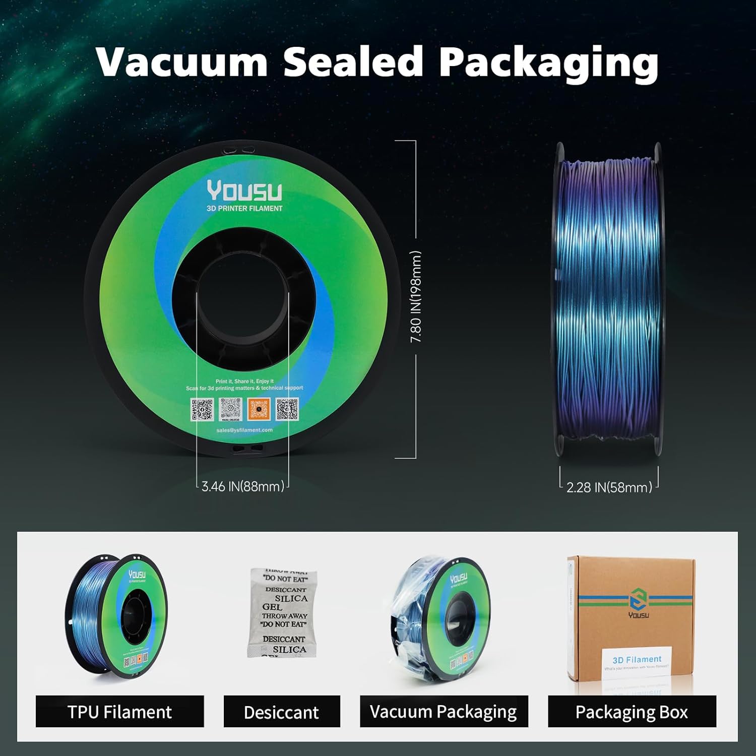 YOUSU Chameleon TPU Filament 1.75mm,TPU Chameleon Color,95A (42D) Flexible Soft 3D Printer Filament,Changes Color with Light and Angles,1KG (2.2lbs) Spool