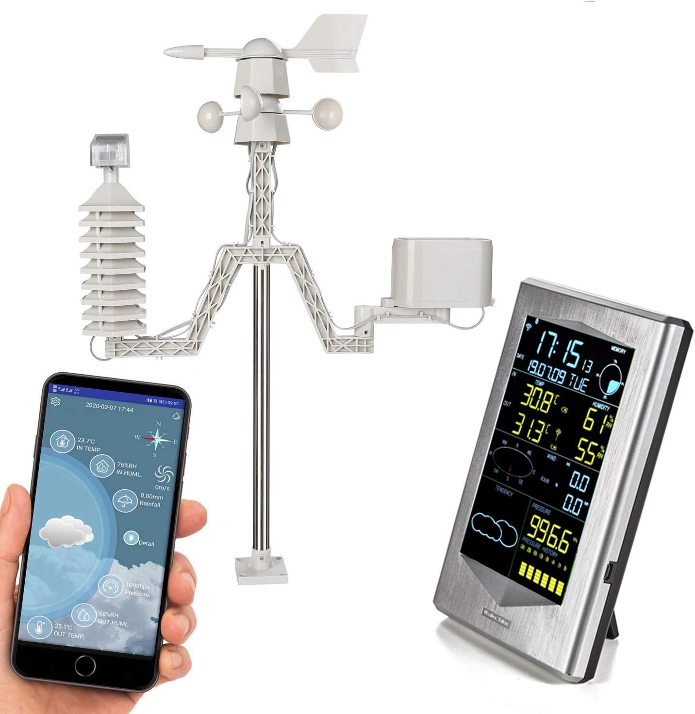 Weather Station, Multifunction Intelligent Solar Weather Station,Support Mobile APP Monitoring, Real-time Monitoring of Wind Speed, Rainfall, air Pressure
