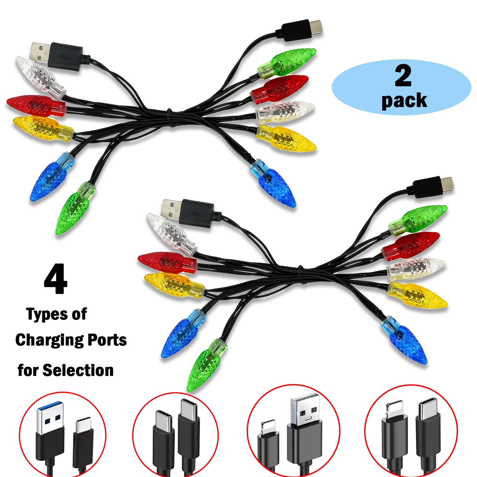 Confezione da 2 cavi di ricarica per telefono con luci natalizie, cavo di ricarica USB A a tipo C da 55 pollici con 10 lampadine LED, cavi di ricarica Holiday compatibili con telefoni e 17/16/15 e Pad