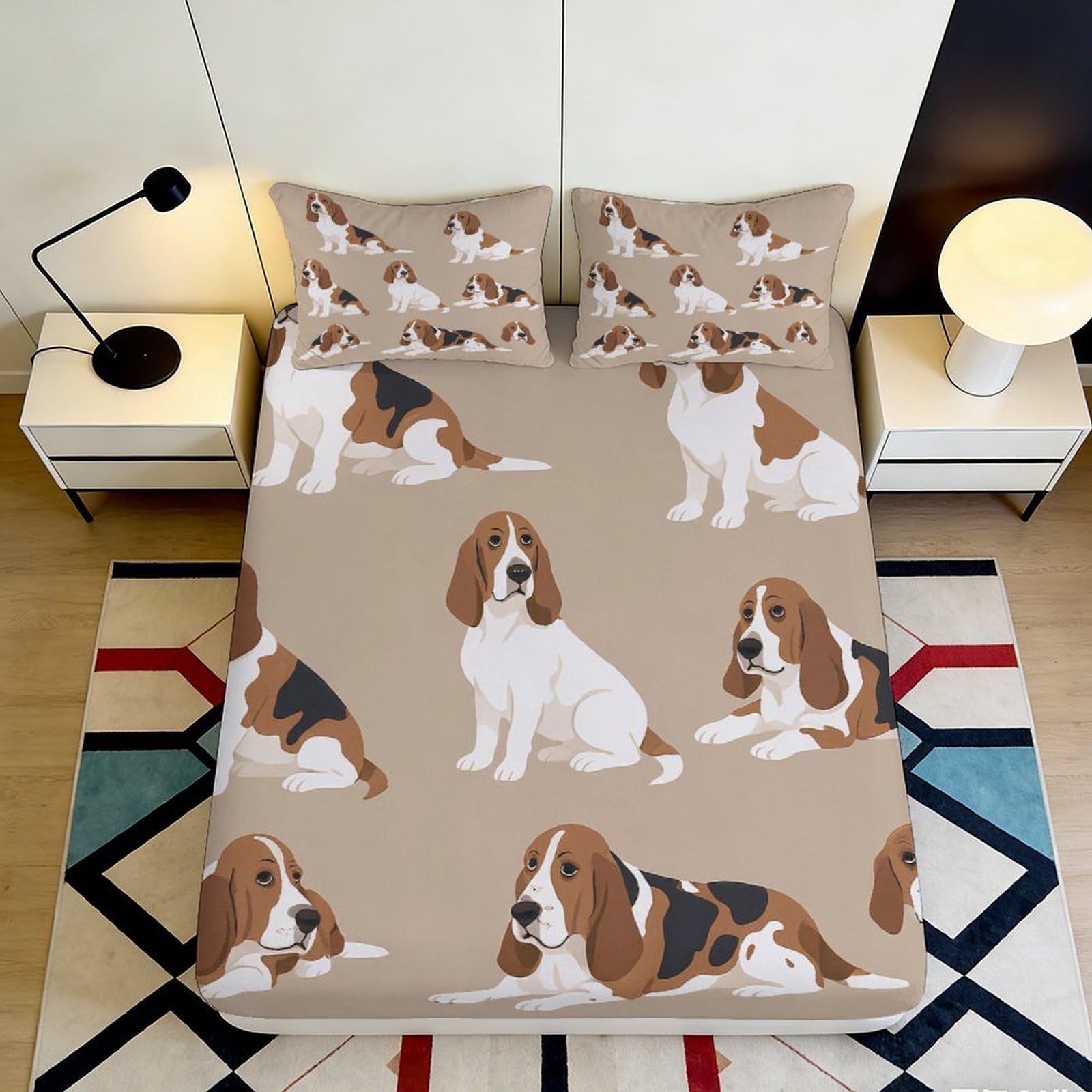 3D Printed Beagle Dog Fitted Sheet Microfiber Soft Breathable Cartoon Puppy Bed Cover for Bedroom Dormitory Guest Room Mattress Protection Decor 90x200x25cm