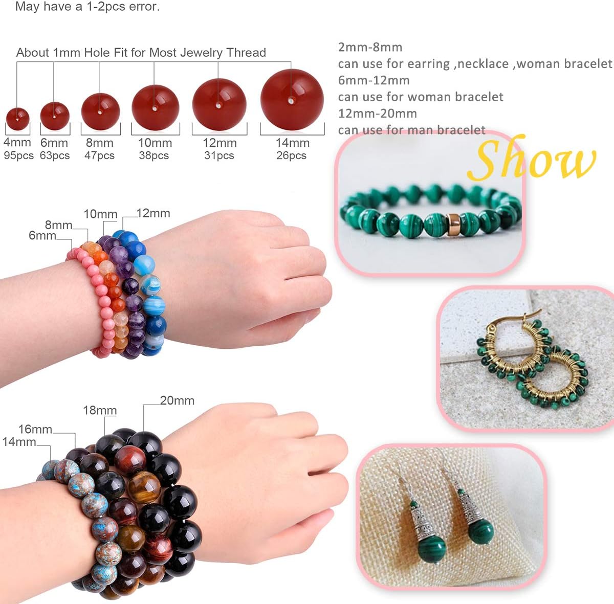 GEM-Inside Malanchite Gemstone Loose Beads Natural 11mm Round Crystal Energy Stone Power for Jewelry Making 15"