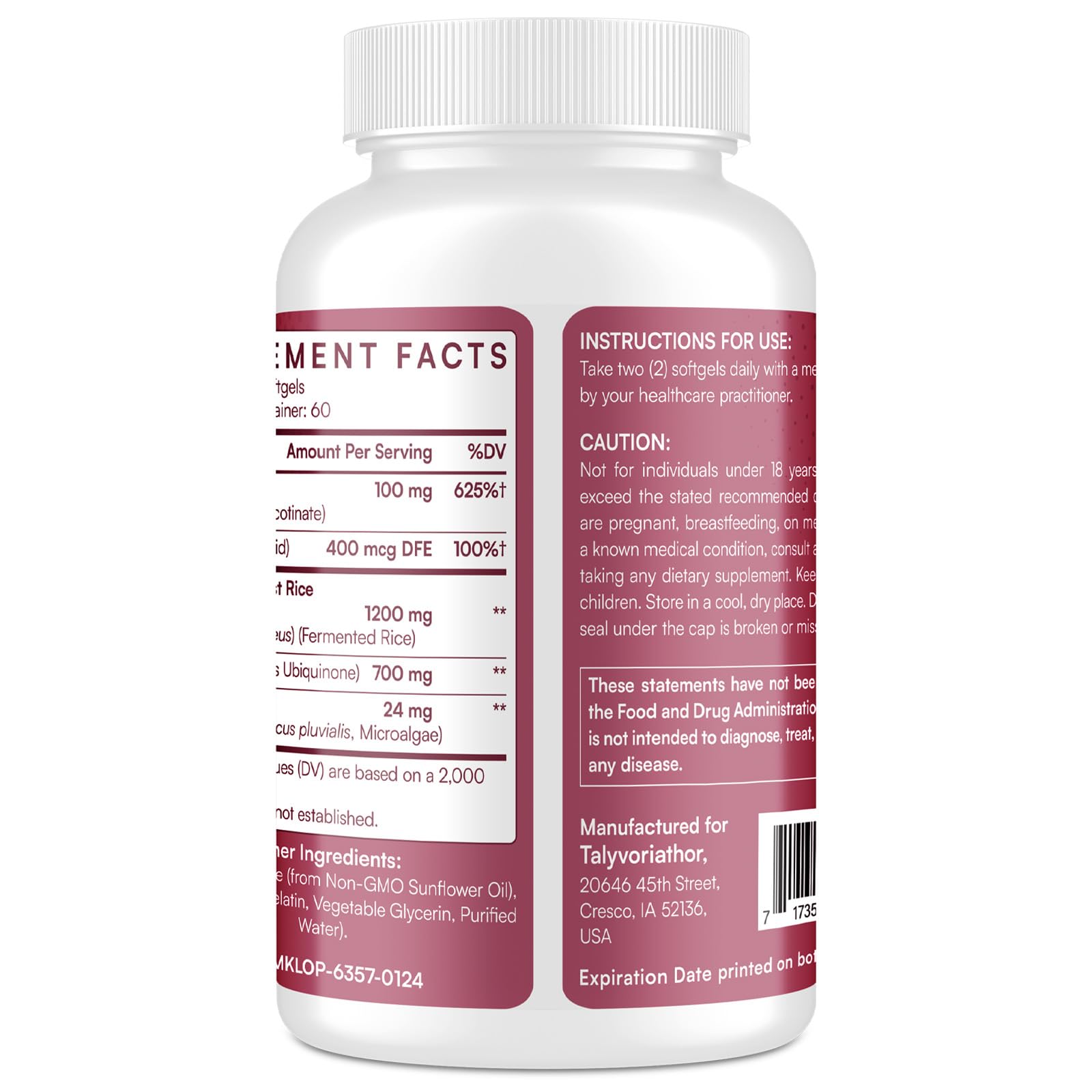 Talyvoriathor Liposomal Red Yeast Rice 1200mg with CoQ10 & Astaxanthin – Rice Yeast for Cholesterol – High Absorption – Citrinin-Free, 120 Softgels — Amazon image 3
