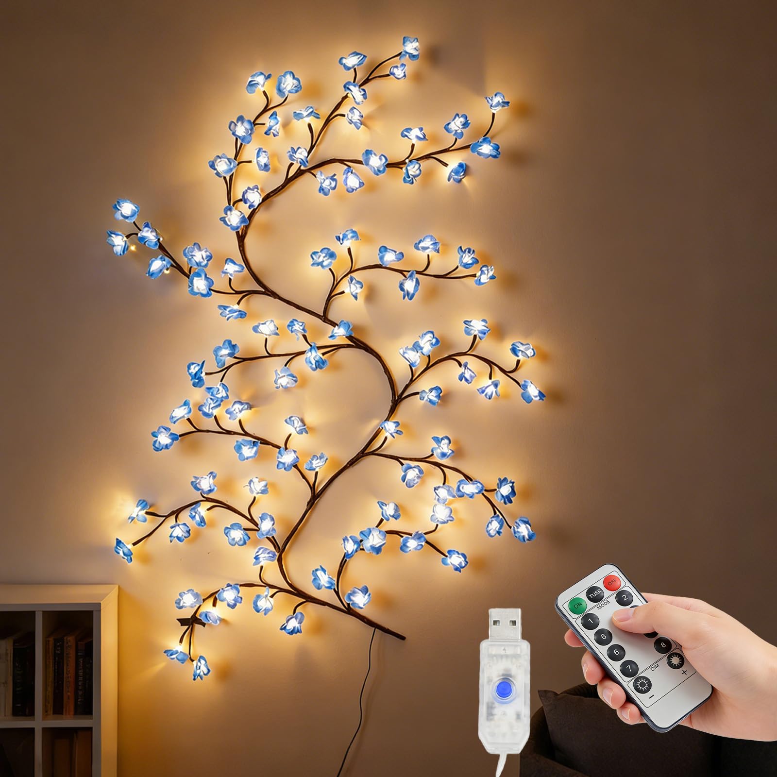 Richaa 63 Inches Blue Blossom Twig Lights, 48 Led Flexible Wall Flower Fairy Lights, 8 Modes Blue Blossom Tree String Light, Christmas Mother's Valentine's Day Gift Room Home Bedroom Indoor Decor