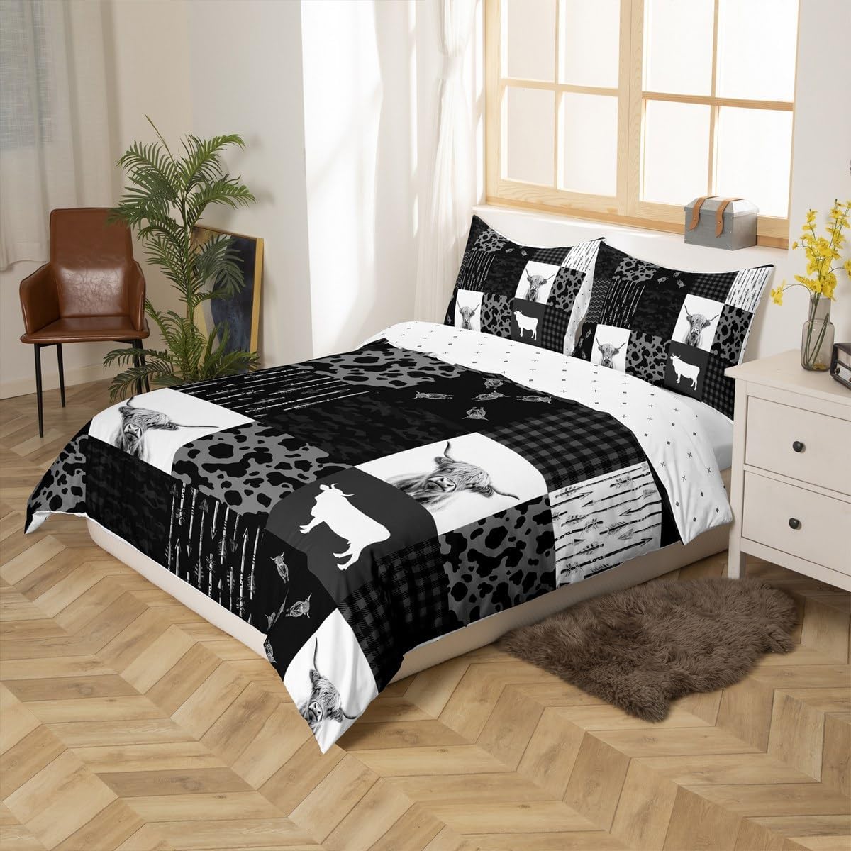 Feelyou Highland Cattle Duvet Cover Set Cows Comforter Cover Flowers Leaves Bedding 1 Duvet Cover 1 Pillowcase Twin Size