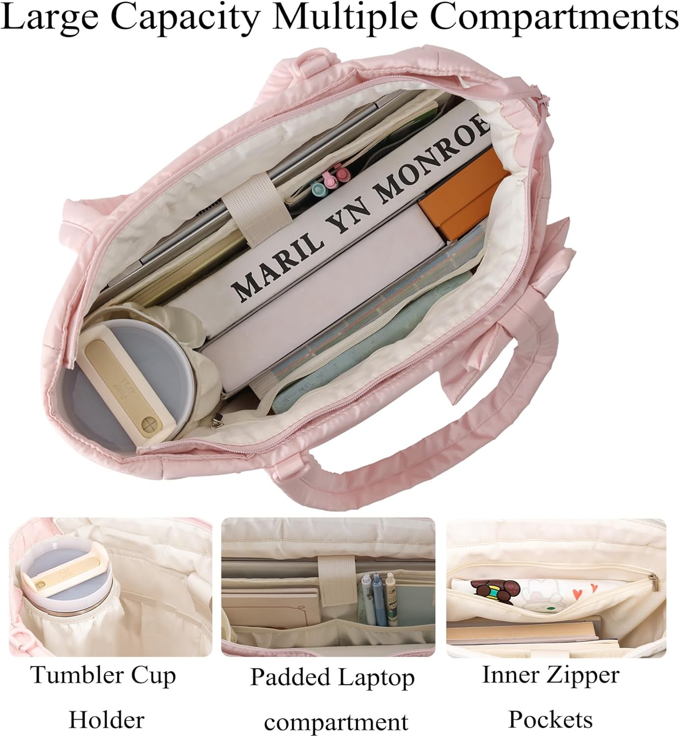 Puffer Tote Bag for Women, Quilted Bow Tote Bag with Cup Holder & 15.6 In Laptop Compartment for Work, Travel, Gym, College - Image 4