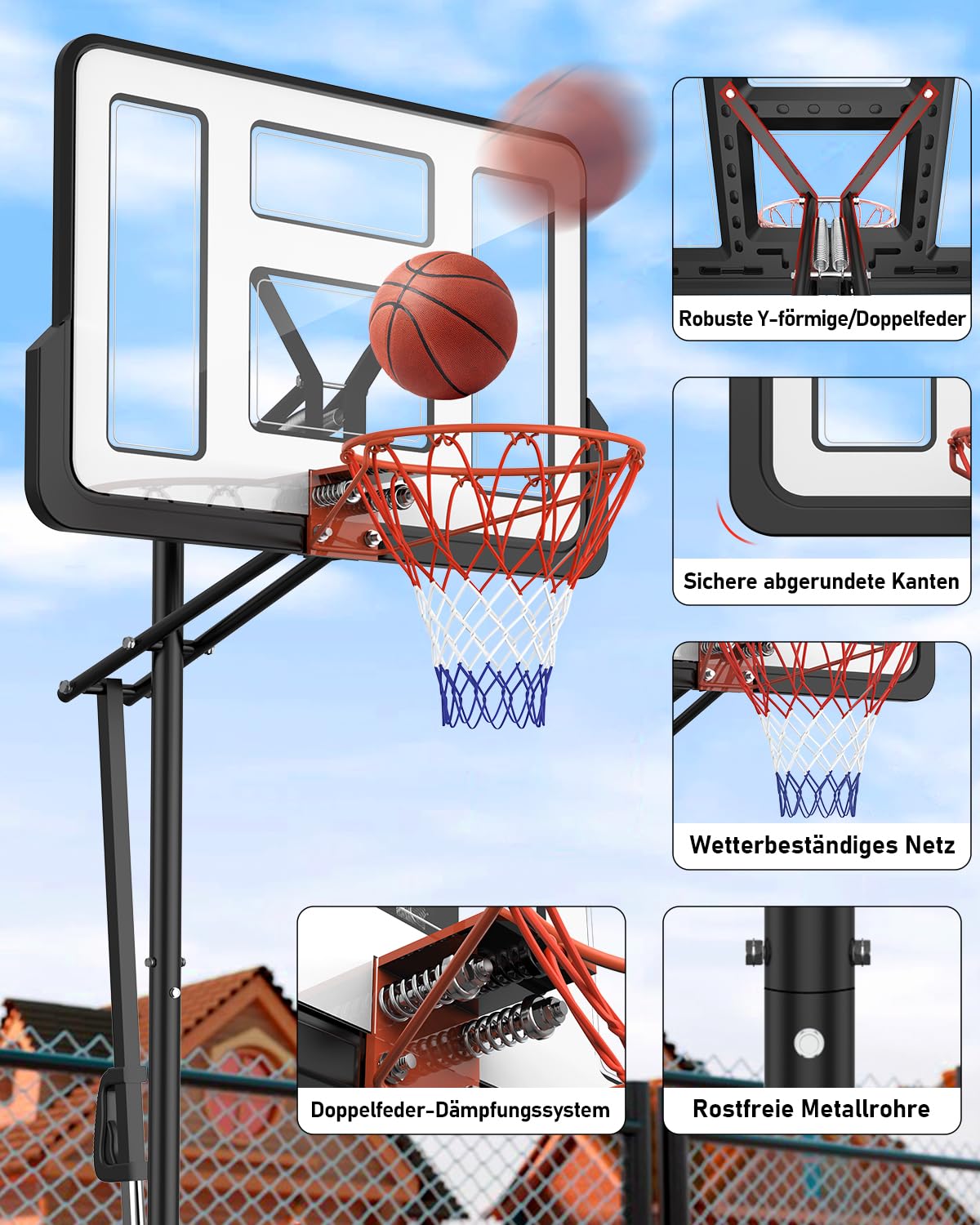 Basketballkorb Outdoor Kinder Basketball Ständer 145-305cm EIN-Knopf-Schnellverstellung 110x75cm Rückwand Gewichtssack