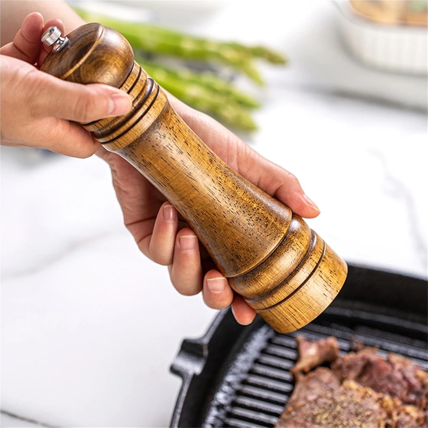 Manual Oak Wood Pepper Grinder with Transparent Window, Adjustable Ceramic Spice Mill for Salt and Spices, Available in 5/8/10 Inch Sizes(Plum)