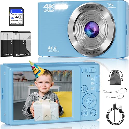Cámara digital, cámara digital FHD 4K con tarjeta SD de 64 GB, cámara digital de apuntar y disparar de 44 MP, zoom digital 16X, antivibraciones, 3