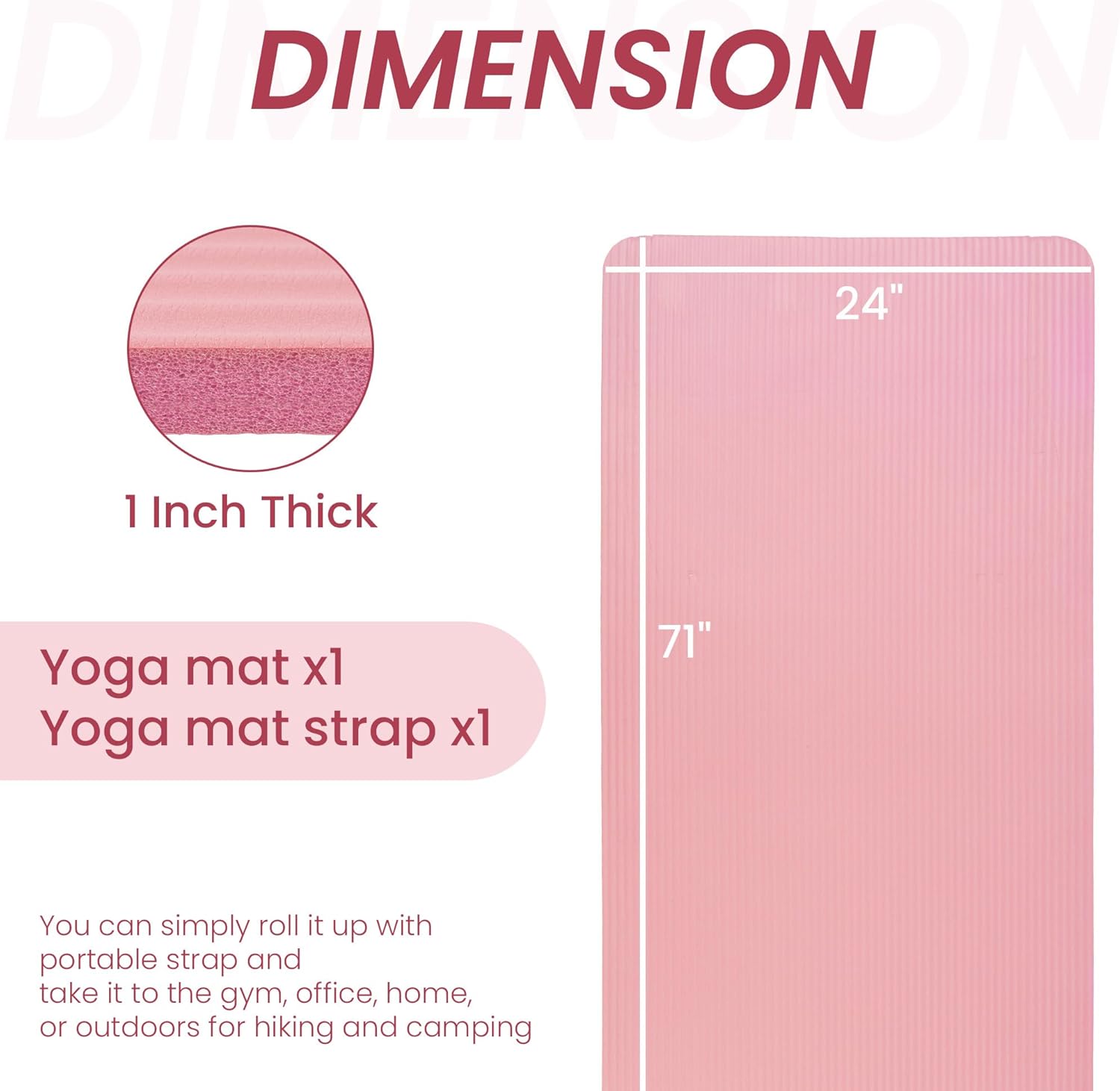 Signature Fitness 71x24 Inches Extra Thick Yoga Mat 1-Inch High-Density Foam – Roll-Up Exercise Pad with Double-Sided Non-Slip Surface and Carrying Strap for Pilates and Home Workouts, Multiple Colors