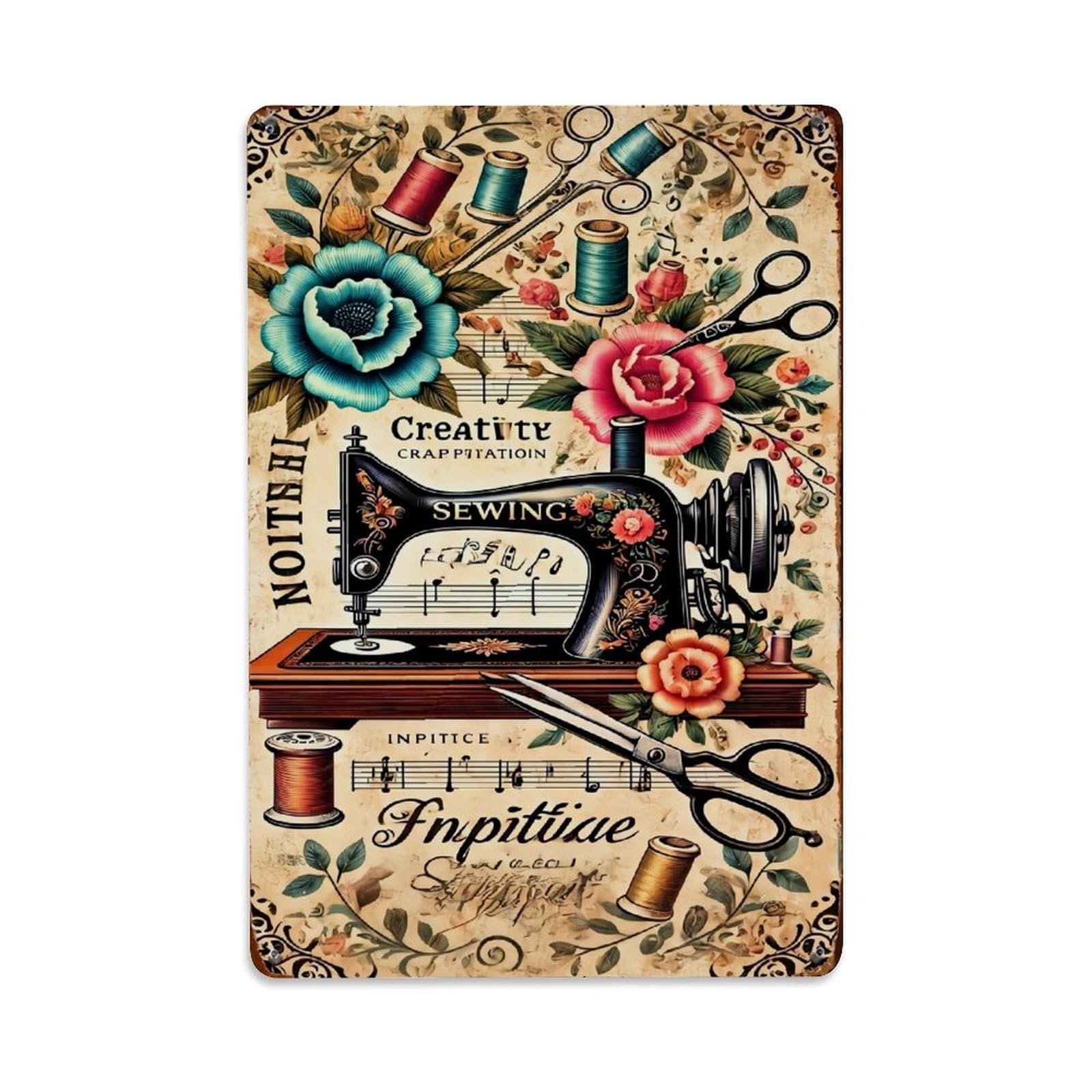 Floral Sewing Machine Music Scissors Thread Retro Metal Tin Sign, Vintage Decor Art Poster for Bar, Home, Man Cave, Kitchen, Laundry Room Gift 8x12Inch