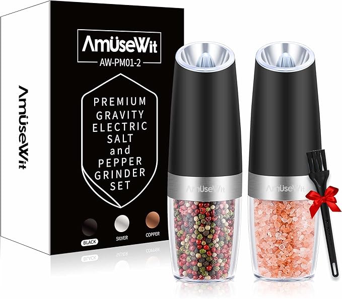 AmuseWit Gravity Electric Salt and Pepper Grinder Set of 2 [White Light] Battery Operated Automatic Pepper and Salt Mills with Light