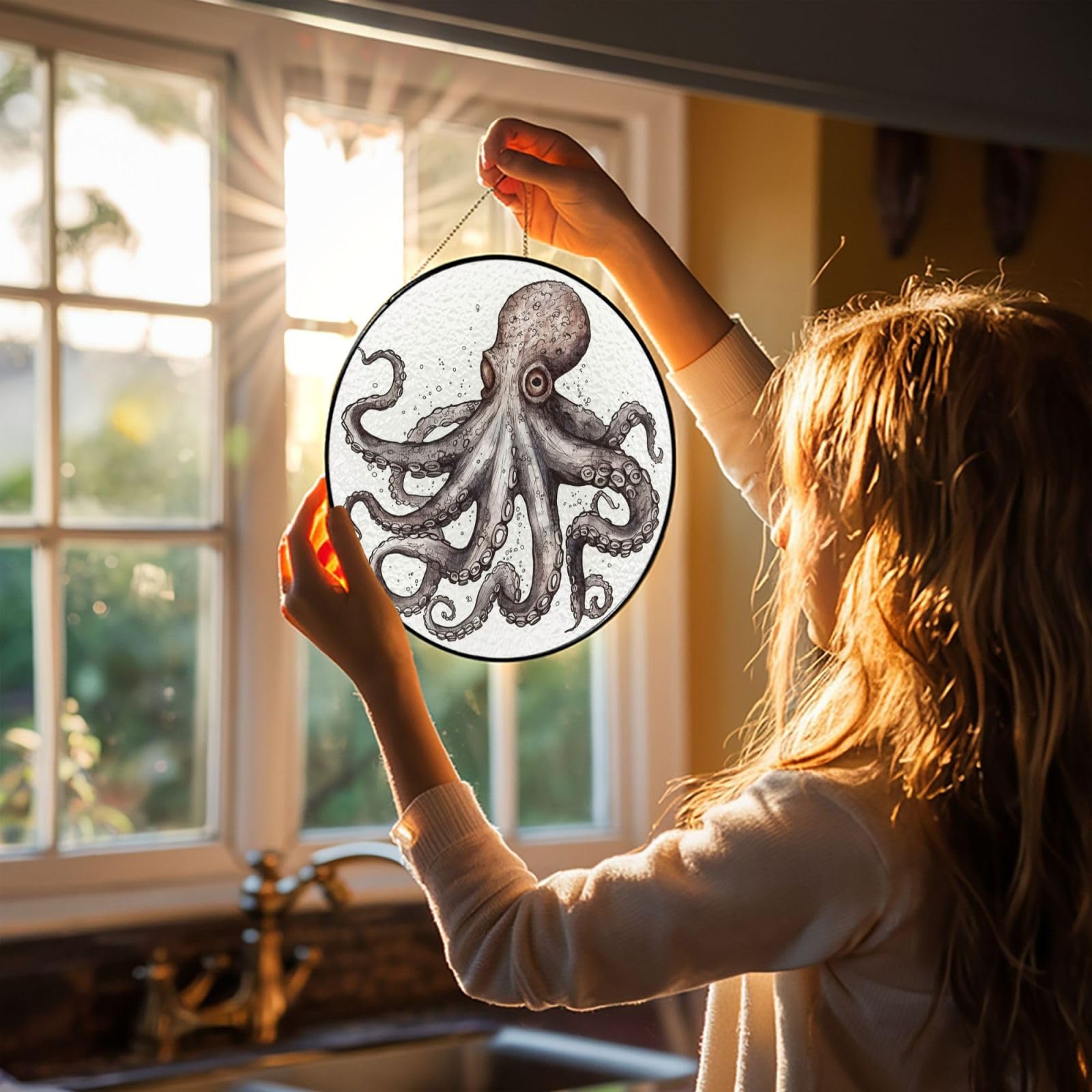 12in Stained Glass Window Hanging,Window Suncatcher Glass Panel with Metal Chain Octopus Sun Catchers Wall Art Home Decor Gift for Women Mother's Day