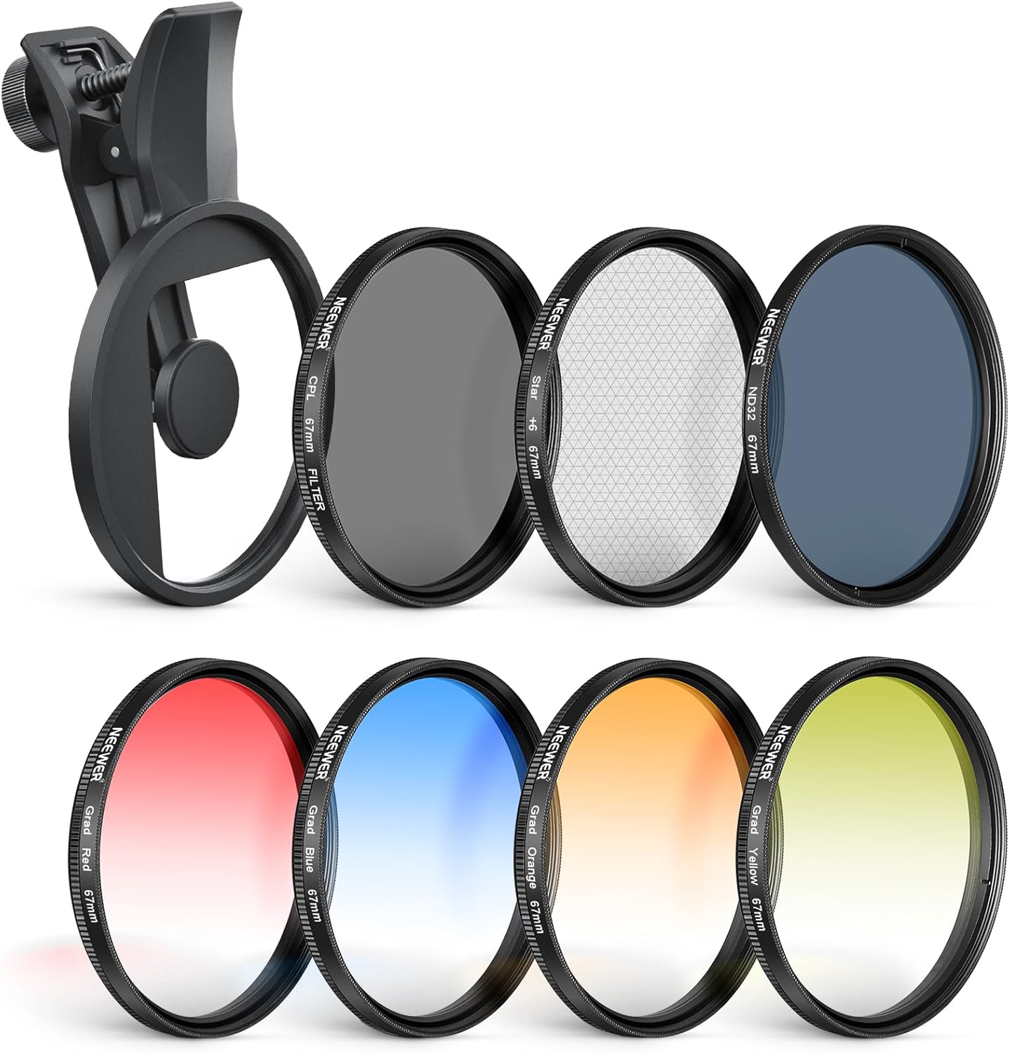 NEEWER 67mm ND Filter Set Compatible with iPhone, 7 Pack Clip On CPL Circular Polarizing + ND32 + Starlight + GND (Red/Orange/Yellow/Blue) Phone Camera Lens Photography Accessories Kit, FL-P12