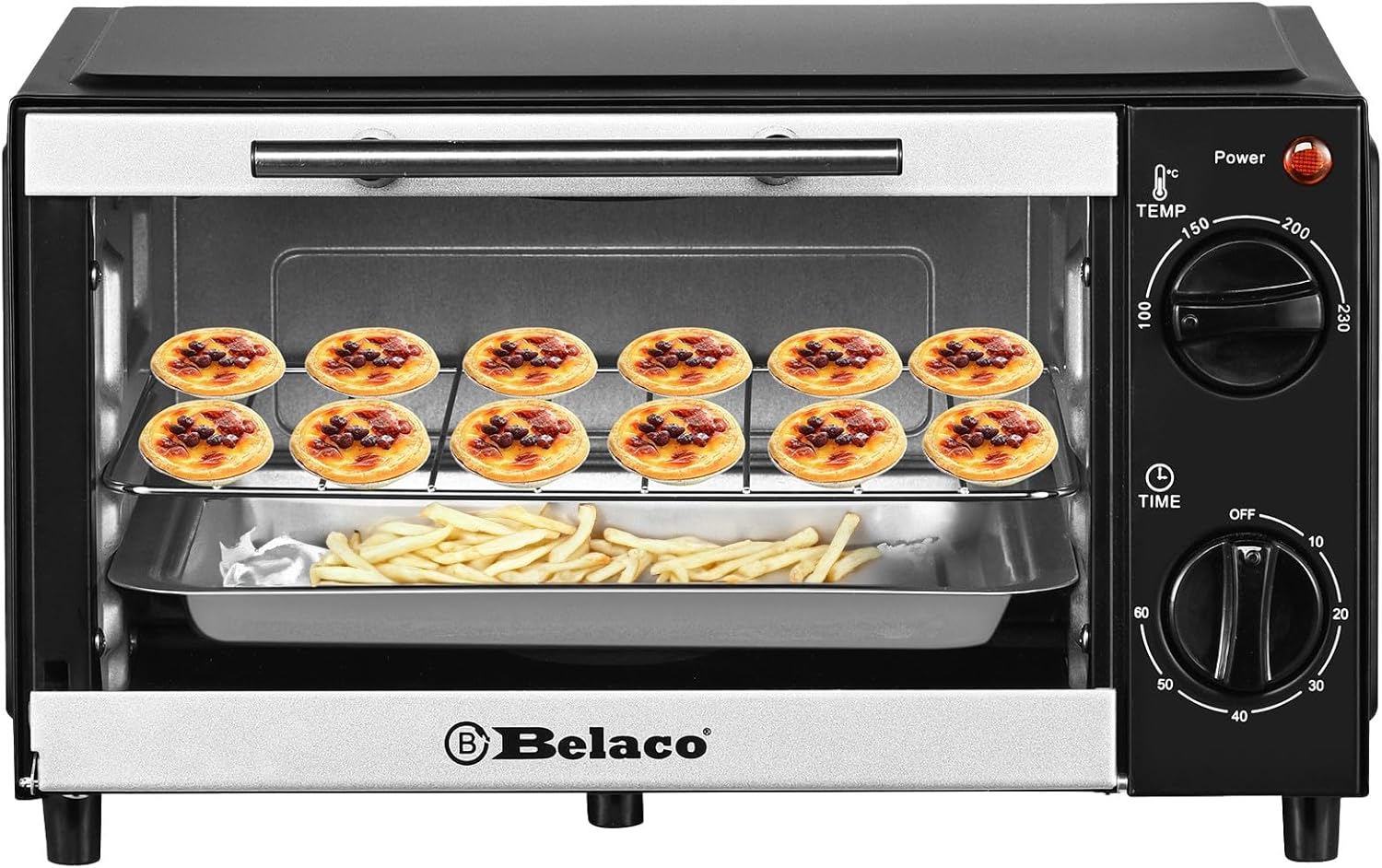 Belaco BTO-109N Mini 9L Toaster Oven Tabletop Cooking Baking Portable Oven 750w 60 min Timer 100-230° Stainless Steel Heating Tube incl. Baking Tray & Wire Rack