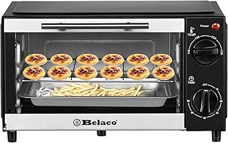 Belaco BTO-109N Mini 9L Toaster Oven Tabletop Cooking Baking Portable Oven 750w 60 min Timer 100-230° Stainless Steel Heating Tube incl. Baking Tray & Wire Rack