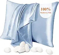 Fronha de seda 100% seda amoreira fronhas para cabelo e pele ambos os lados fronhas de seda real zíper oculto 21 capas de almofada de seda Momme (azul claro, padrão: 51 x 66 cm, 1 peça