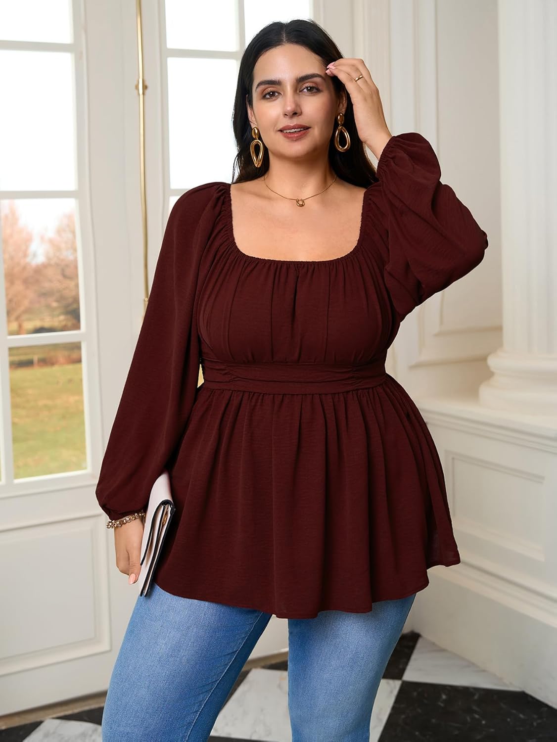 Women’s Plus Size Peplum Top Long Sleeve Square Neck Smocked Waist Babydoll Blouse Flowy Dressy Casual Fall Tops - Image 7