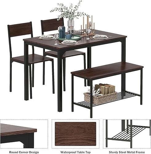 Miniatura 5 de SogesGame Juego de mesa de comedor para 4, mesa de comedor de 43 pulgadas con banco y 2 sillas, juego de mesa de cocina moderno de 4 piezas para
