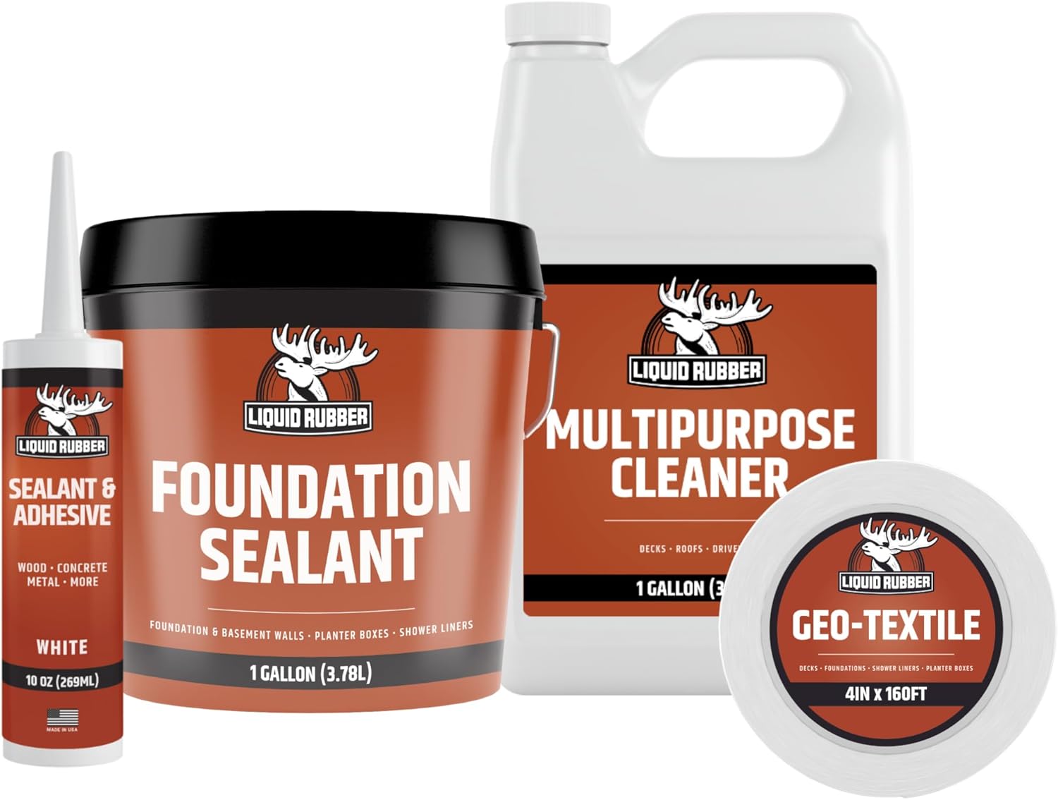 Liquid Rubber Exterior Foundation Kit - 1g Foundation Sealant, Cleaner 1g, Geo-Textile 4inx160ft, Caulk & Adhesive 1pk