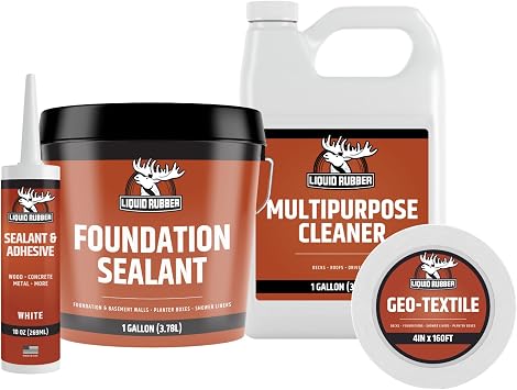 Liquid Rubber Exterior Foundation Kit - 1g Foundation Sealant, Cleaner 1g, Geo-Textile 4inx160ft, Caulk & Adhesive 1pk