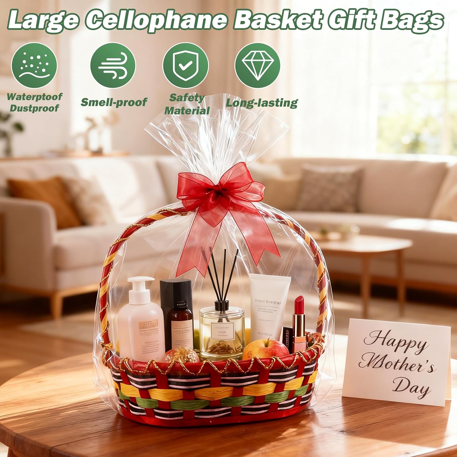 Circloophs 100 Packs Large Clear Cellophane Basket Bags 24" x 30" Cellophane Basket Gift Bags Heavy-duty Plastic Wrapping Paper for Gifts, Arts, Crafts, Treats, Gold Chiffon Ribbon
