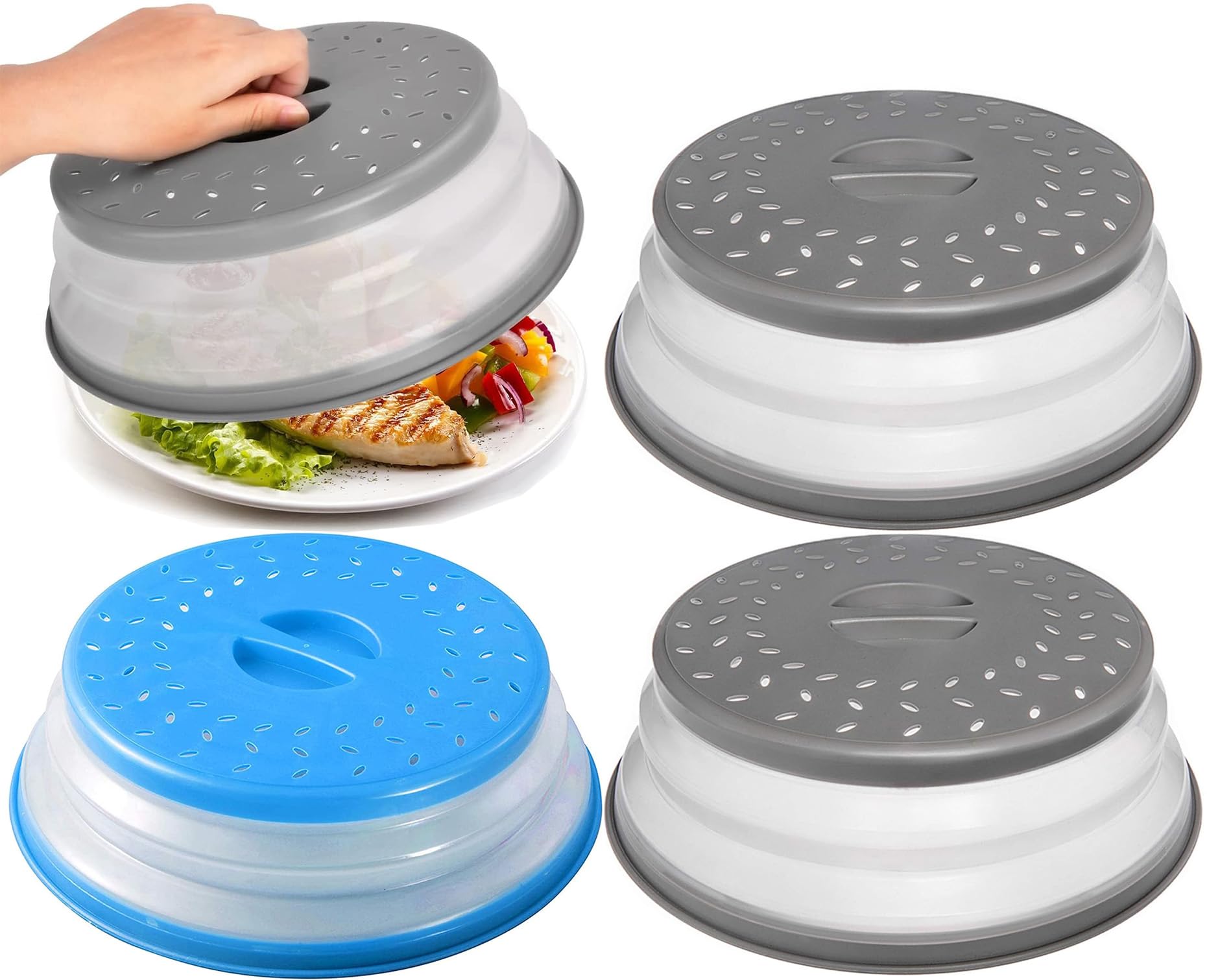 Cubierta de Alimentos para Microondas, 3 Piezas Colador Plegable Con Orificio de Vapor, Tapa Microondas y Canasta de Filtro para Frutas y Verduras, Gris+Azul
