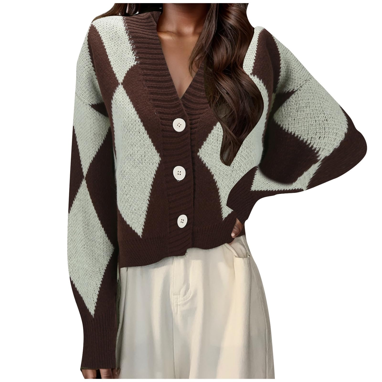 Cardigan Women's Autumn French Temperament Jacket for Women in Spring and Autumn Design, Korean Casual Commuting Style, Green Diamonds, V-Neck, Knitwear