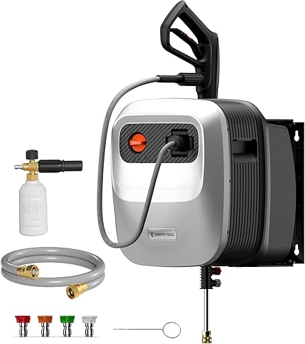 Giraffe Tools Grandfalls - Lavadora a presión retráctil G20, 2500 PSI 2.2 GPM, montado en la pared con soporte giratorio de 180°, carrete de