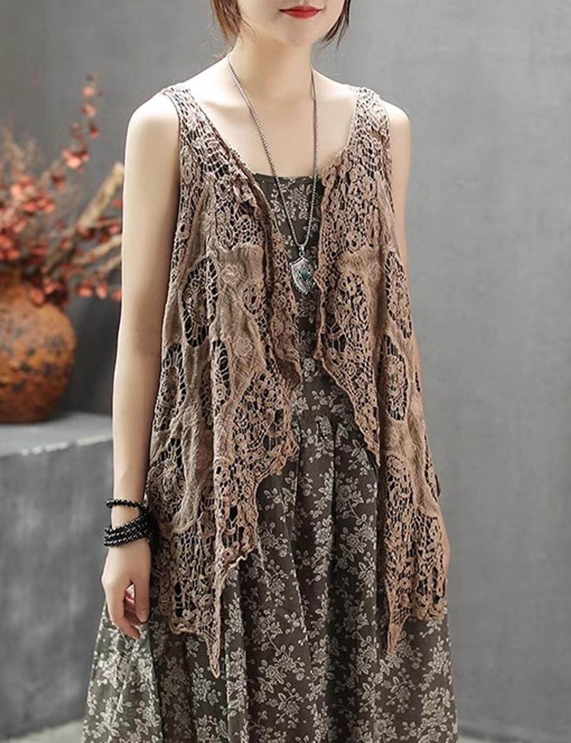 Flygo Women's Open Front Cotton Crochet Lace Boho Hippie Butterfly Vest Cardigan Coverup Sleeveless Irregular Hem - Image 2