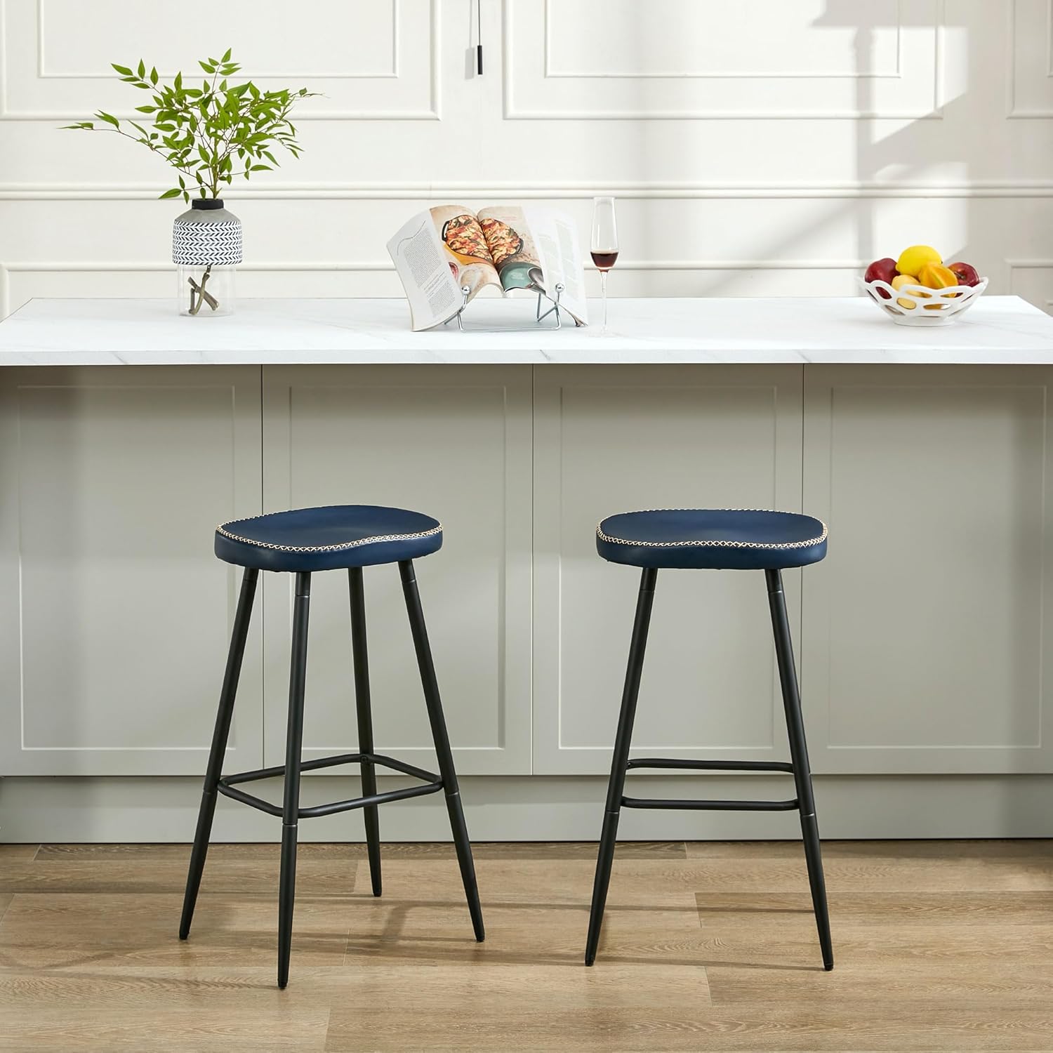 FIRAVOE Bar Stools Set of 2, Modern 28" Bar Height Bar Stools, Faux Leather Backless Saddle Stools for Kitchen Island (Navy Blue, 2 PCS 28'' Height)
