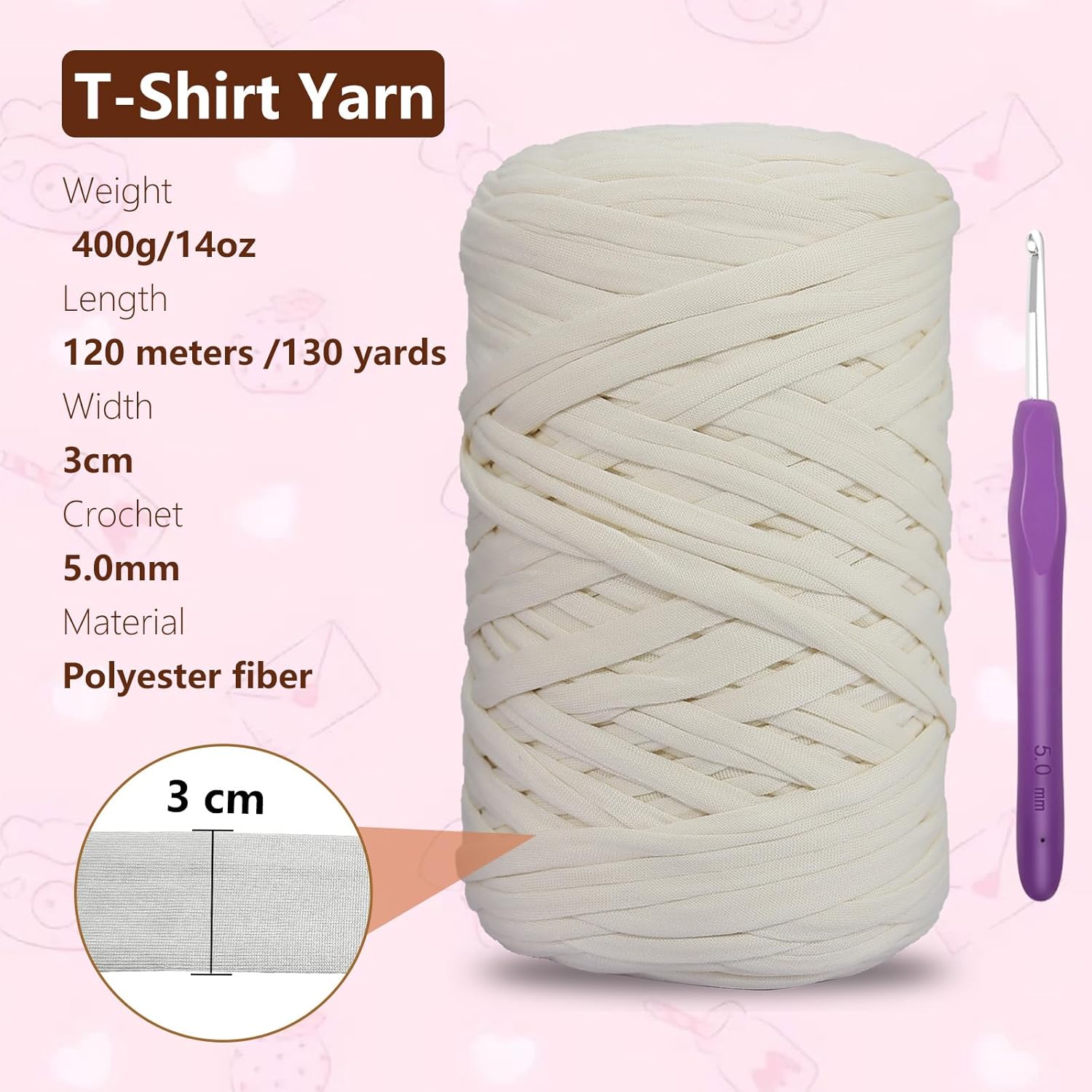 400g T-Shirt Elastic Fabric Crochet Yarn for DIY Knitting, Spaghetti Thick Crocheting Tshirt Yarn for Hand DIY Bag Basket Cushion Crocheting Projects, Home Decor(Beige)