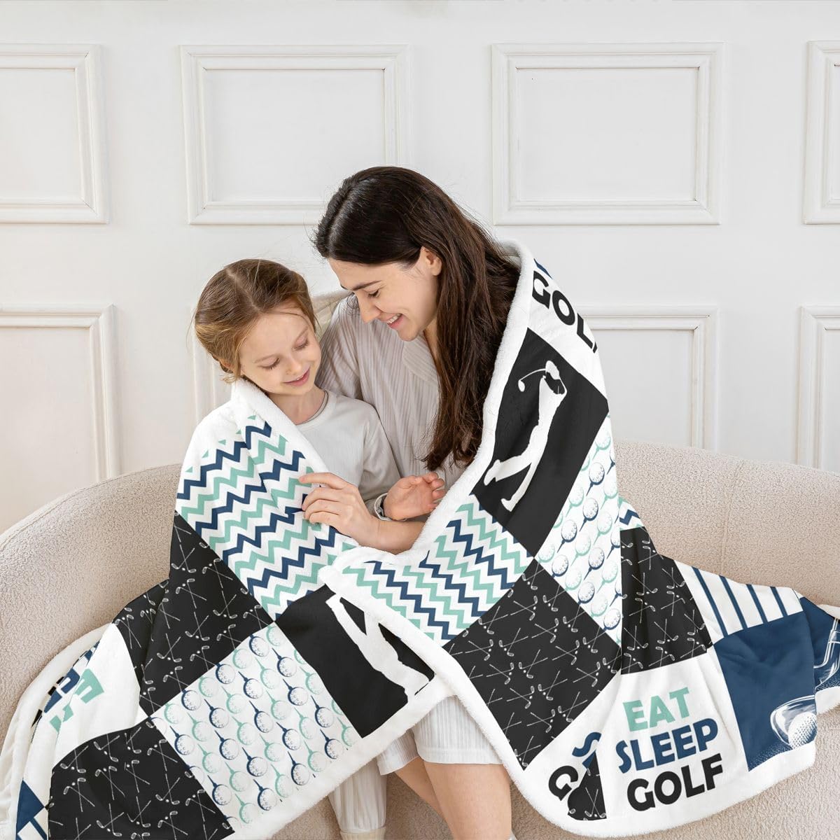 Erosebridal Golf Throw Blankets Sports Games Fleece Blanket Twin Size, Athlete Silhouette Patchwork Design for Kids Boys Teens Adults, Golf Lovers Lattice Ripple Sherpa Blanket, Blue Black