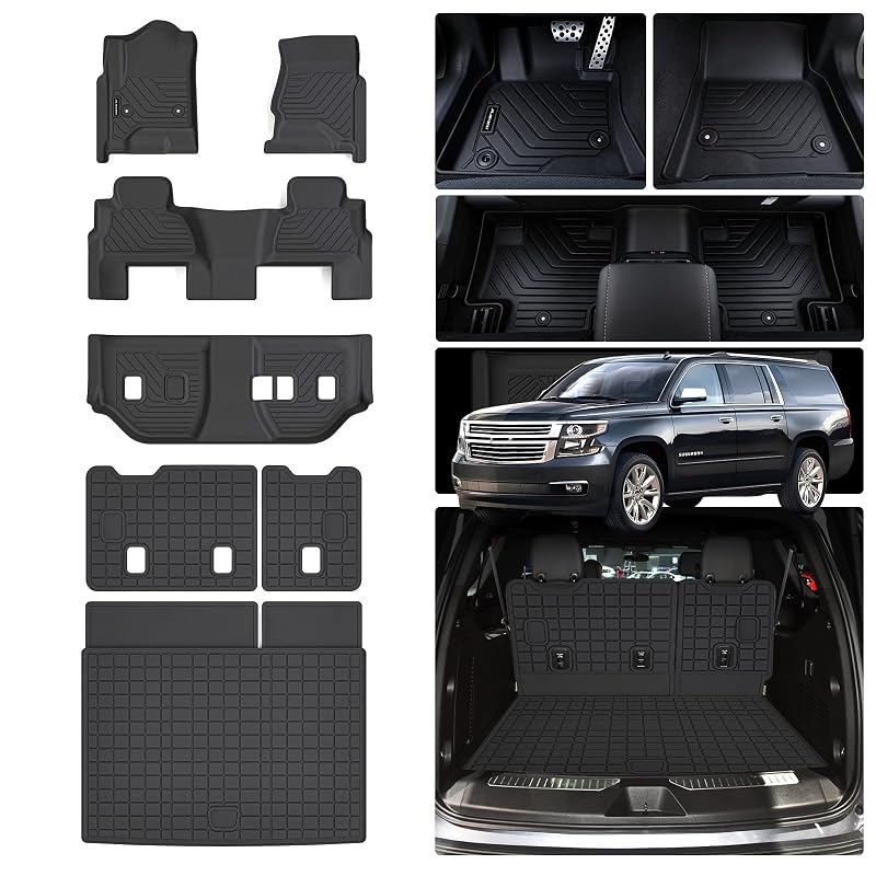 Kit de tapetes, forro de porta-malas e proteção do encosto em TPE para Chevy Suburban 2015–2020, 8 lugares, 2ª fileira com banco inteiriço, MJBYMAT