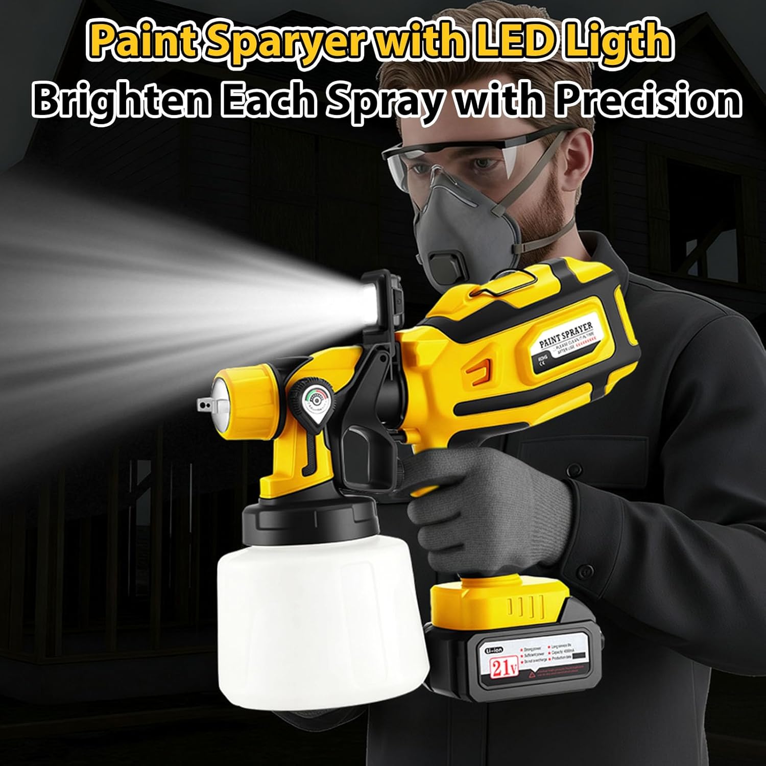 Cordless Paint Sprayer with LED Light, 2 * 4000mAh 21V Battery, 6 Nozzles & 3 Spray Modes, Spray Paint Gun with 1400ML Container, Handheld Paint Sprayer for House Painting Furniture Cabinets, Yellow