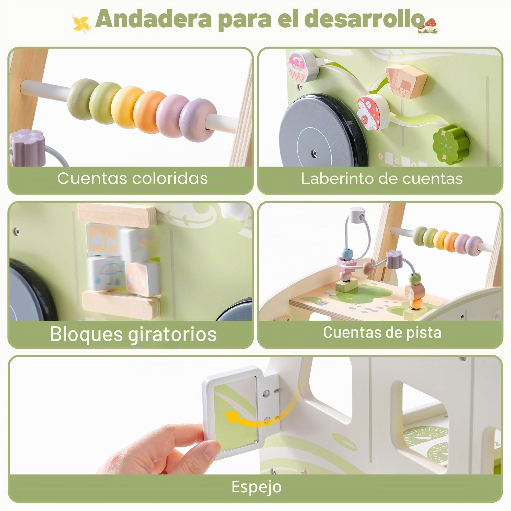 ROBUD Andador de madera, velocidad y altura ajustables, andador para bebé, juguete educativo, regalo para niños y niñas a partir de 10 meses -1-2 años, verde