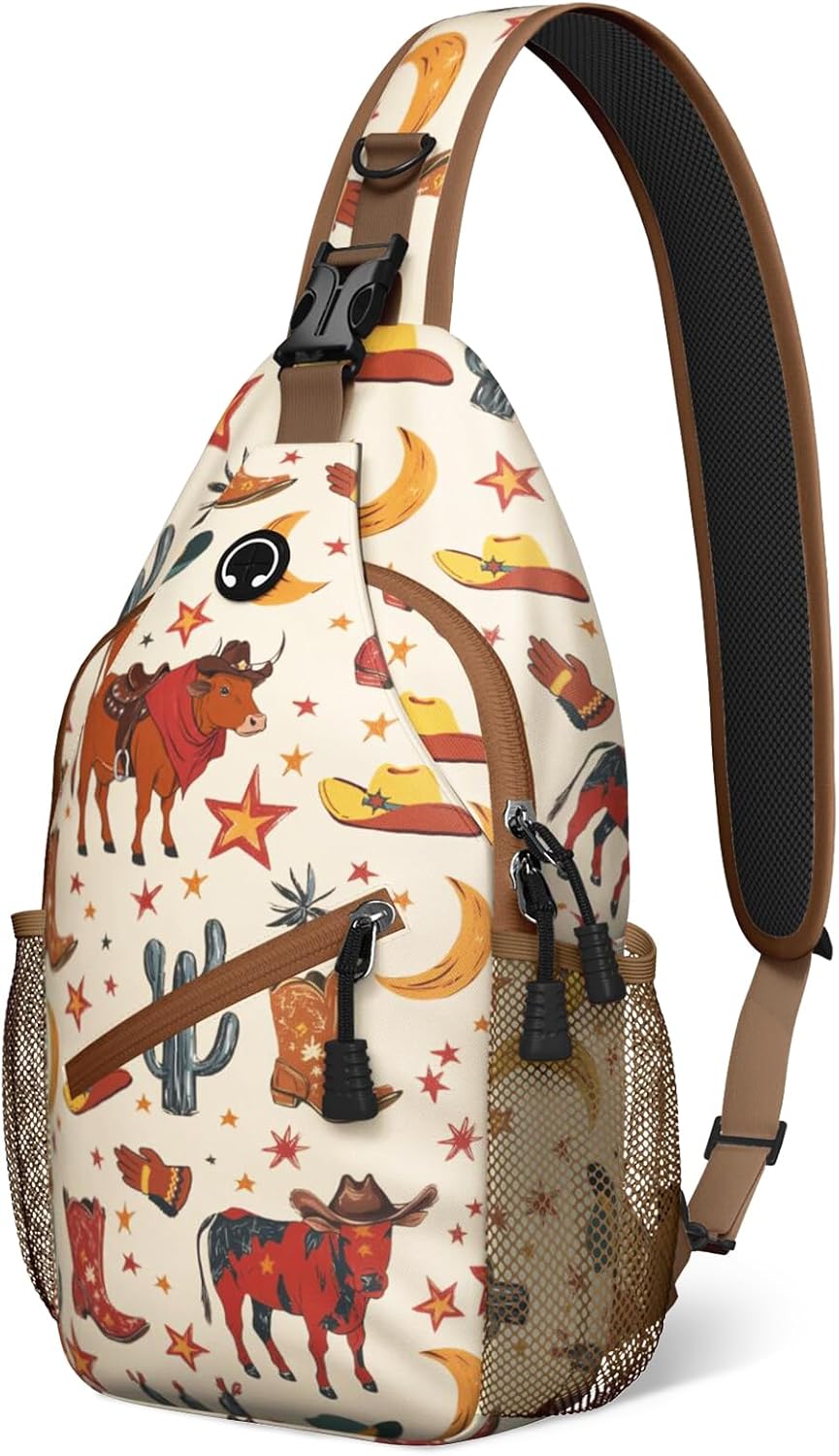 Brown Western Sling Bag Crossbody Chest Bag for Women Men, Water Resistant Lightweight Casual Crossbody Bag with Adjustable Strap, Travel Hiking Daypack Shoulder Backpack