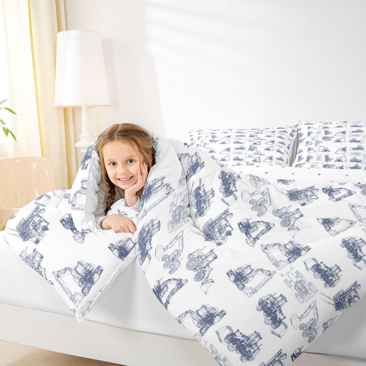Feelyou Construction Comforter Set King Size Kids Equipment Trucks Comforter for Boys Teens Cartoon Car Excavator Tractor Bedding Set Construction Vehicles Blue Duvet Set Room Decor Quilt Set