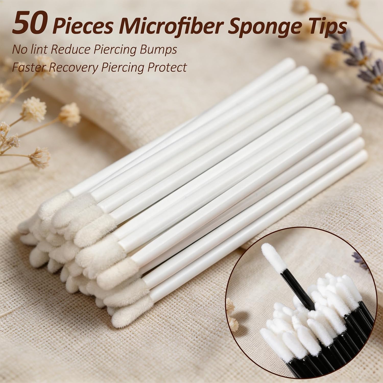 50pcs Cotton Swabs Microfiber Sponge Tips No lint Reduce Bumps for Piercing