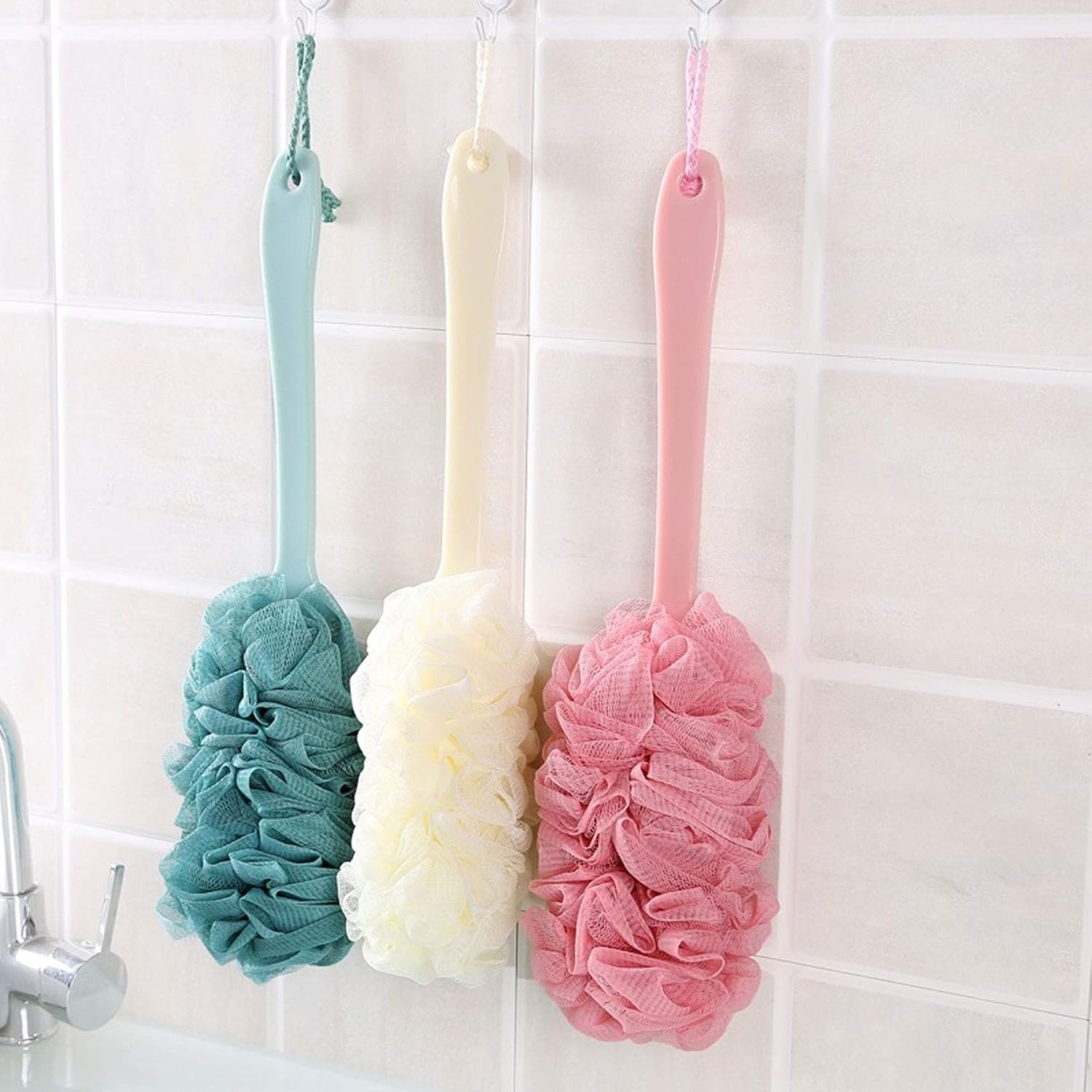 3 Pack Back Scrubber Long Handled Bath Brush Soft Mesh Sponge Exfoliating Body Scrub Back Cleaner Loofah Bathroom Shower Accessories for Women and Men (Pink)