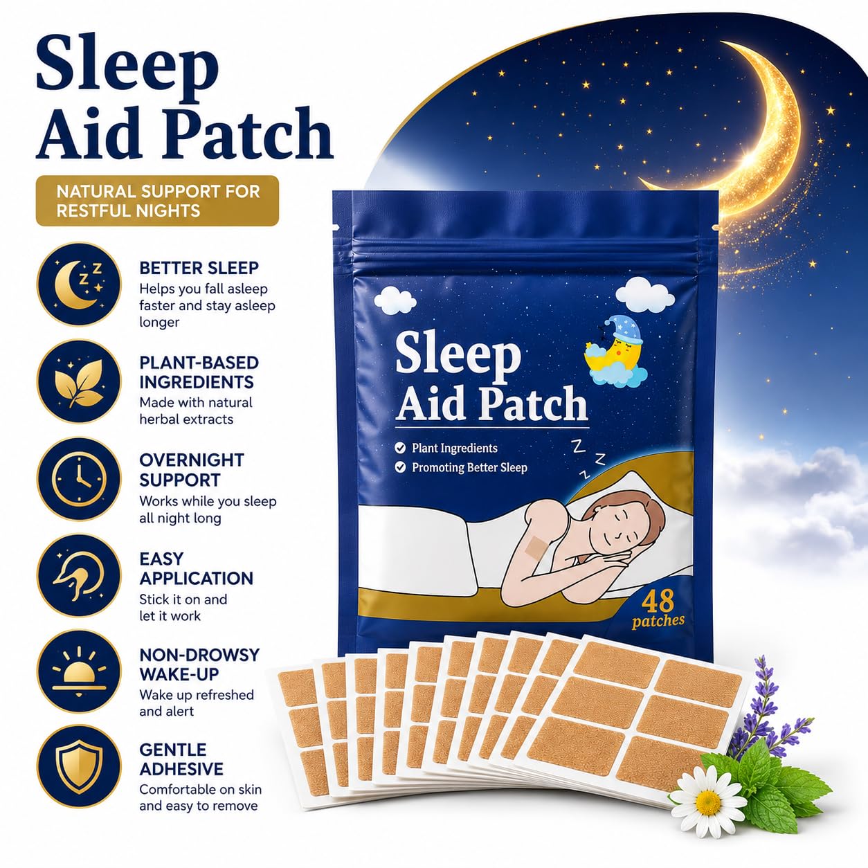 Migraine Relief Cooling Strips– Instant Cooling Headache Patch for For head, Fever, Stress & Migraine Pain Relief Gentle Skin Safe Gel Pad (Sleep Patch-48 Patch) — Amazon image 2