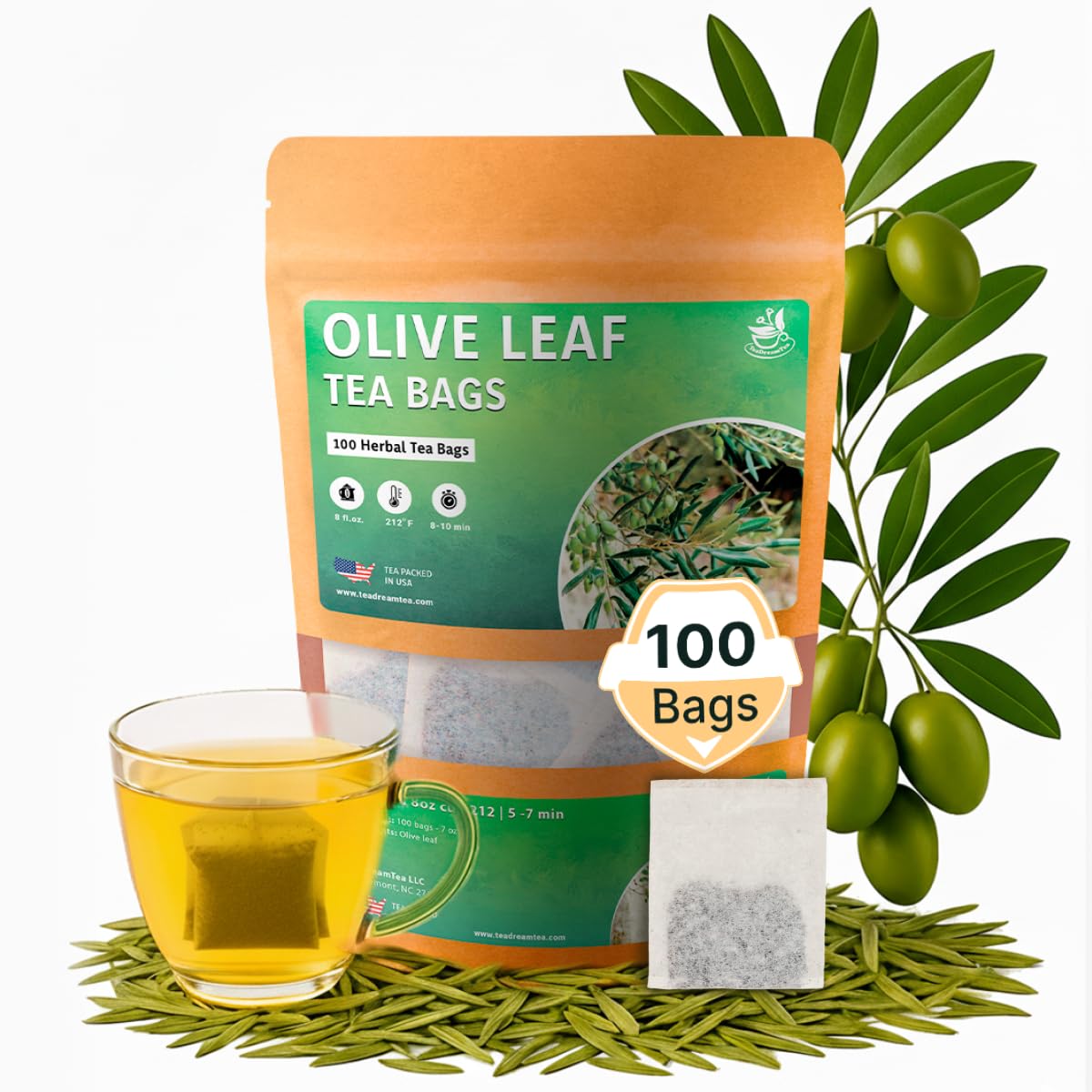 Olive Leaf Tea Bags  100 Bags (Premium Dried Olive Leaf Tea - 100 Count), Natural Extract Caffeine-Free Herbal Tea for Health & Immune Support