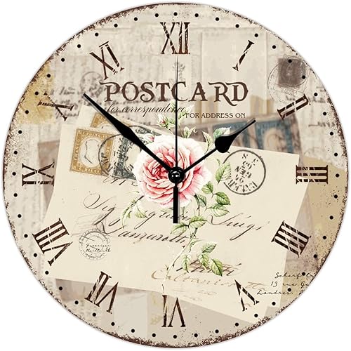 Miniatura 9 de Reloj de pared de 15 pulgadas, estilo retro, flores de rosas, plantas y letras antiguas, reloj clásico de madera de pared, sin tictac, funciona con