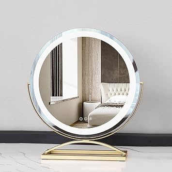 Round LED Makeup Mirror, Actress Mirror, Large Tabletop Mirror, Luxury Hollywood Mirror, Light Mirror, Tri-Color Lighting Modes, Adjustable Brightness, 360  Rotation with Touch Control, 11.8 x 15.0 x