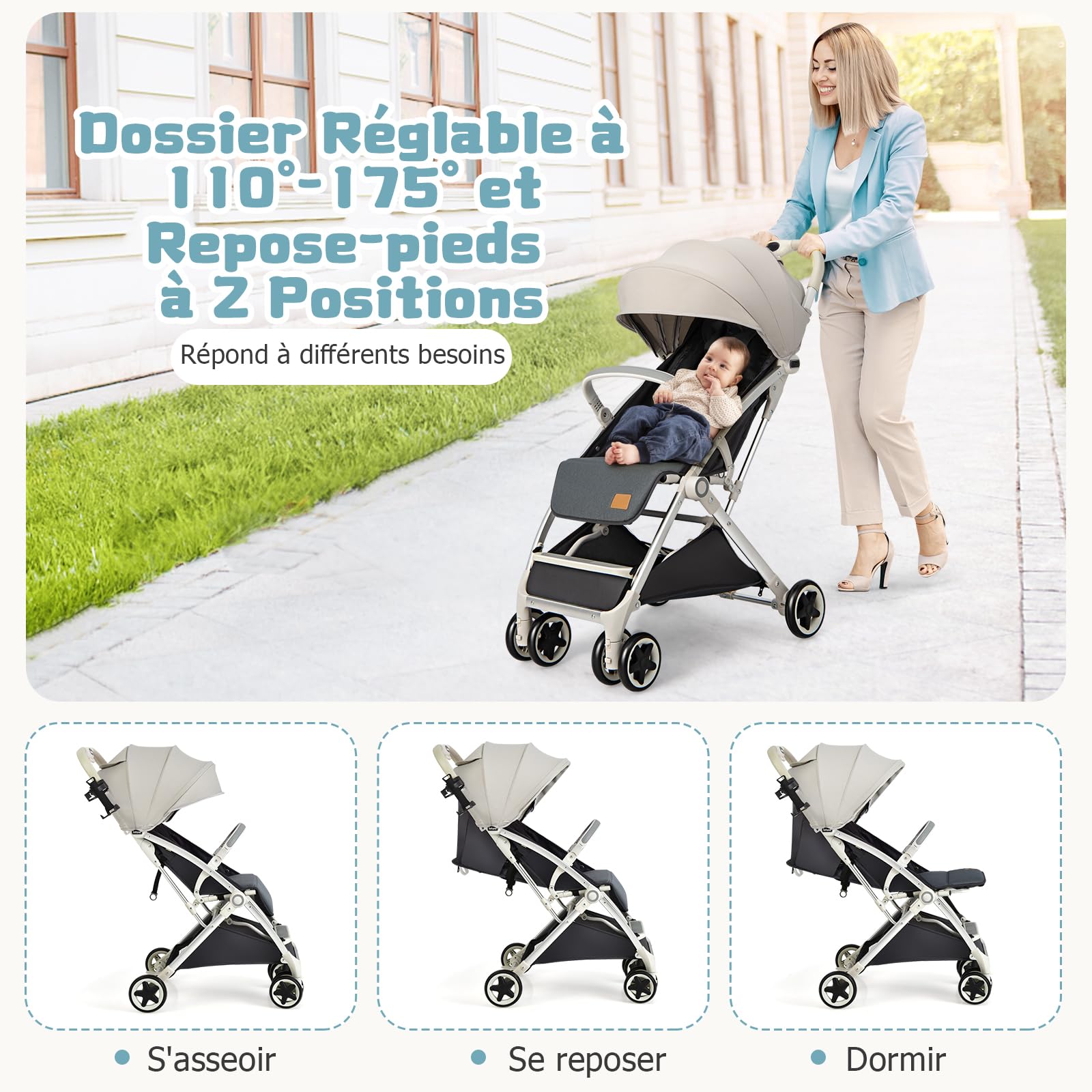 DREAMADE Poussette Légère Compact à 15 KG avec Dossier&Auvent&Repose-pieds Réglables,Poussette Canne Pliante Bébé 0-3 Ans avec Moustiquaires&Roues Verrouillables (Gris)