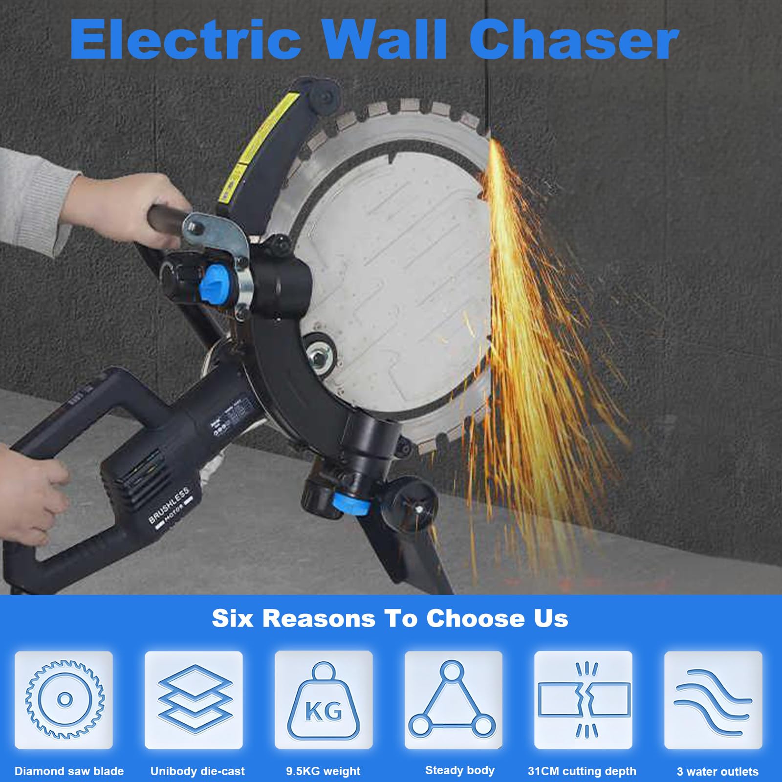 Rozadora Muros Eléctrica, Sierra Circular para Hormigón 4500w con Bomba Agua Y 1 Hoja Diamante, Profundidad Corte31cm, Cortadora Muros Diamante para Granito Y Hormigón Armado